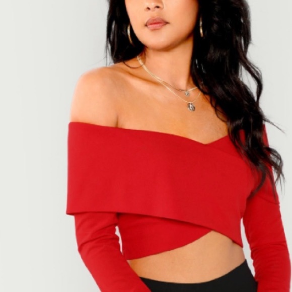 Red Cropped, Off- Shoulder Top Criss-Cross - Picture 2 of 4